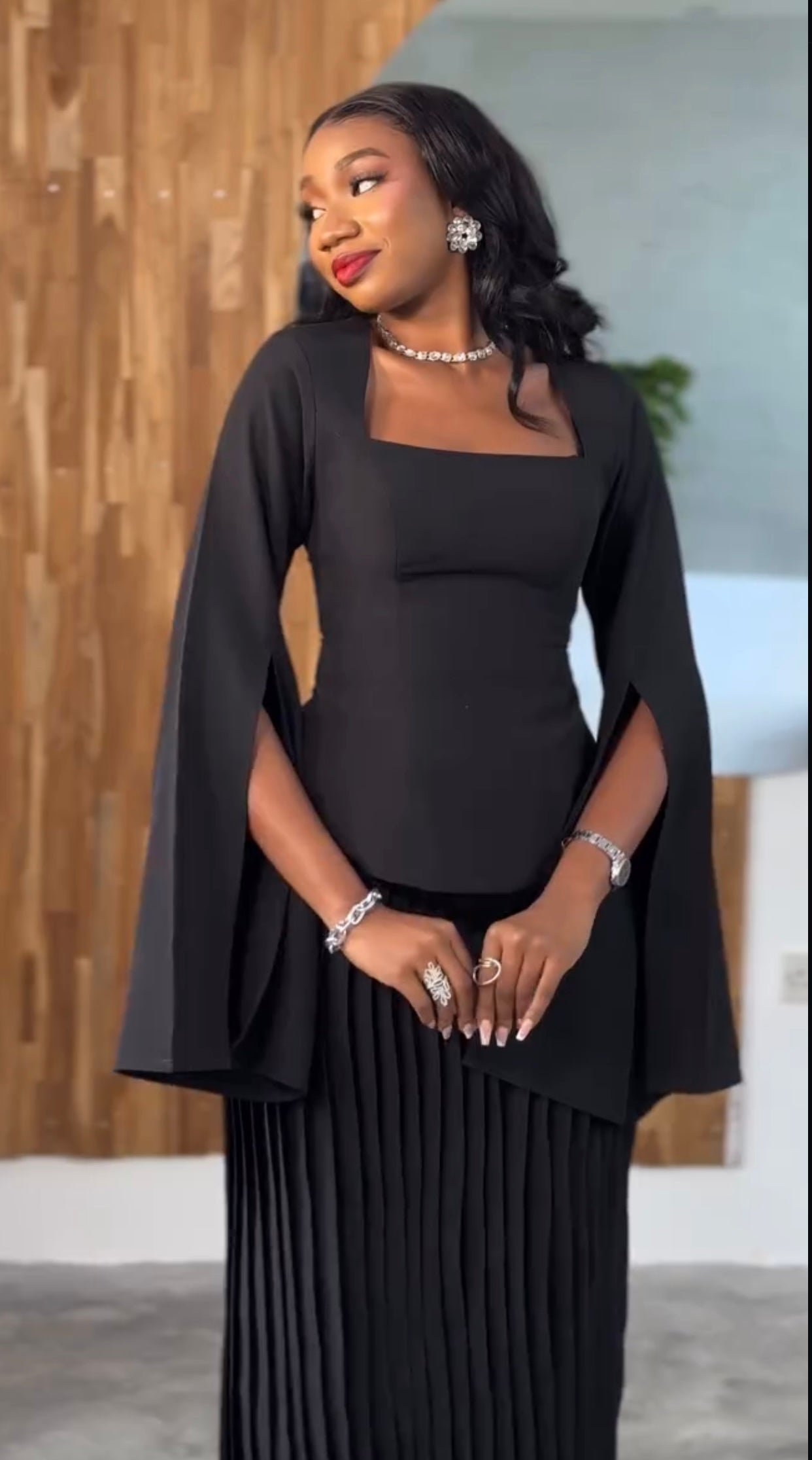 Midi Pleated Skirt & Open Sleeve Top | Two Piece Set