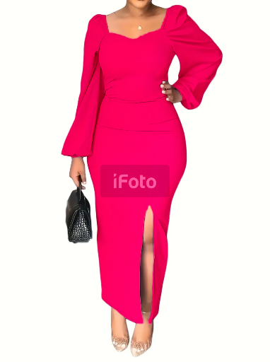 Hot pink Womens Solid Color Long Lantern Sleeved U Neck Dress Low Slit Slim Part Dresses