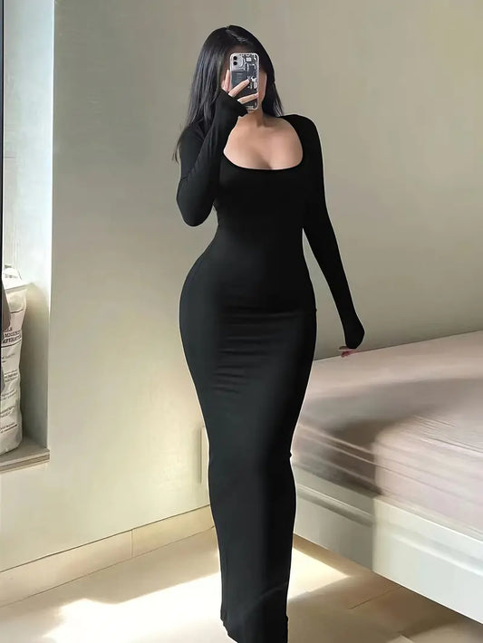 Solid body contour long sleeve lounge dress