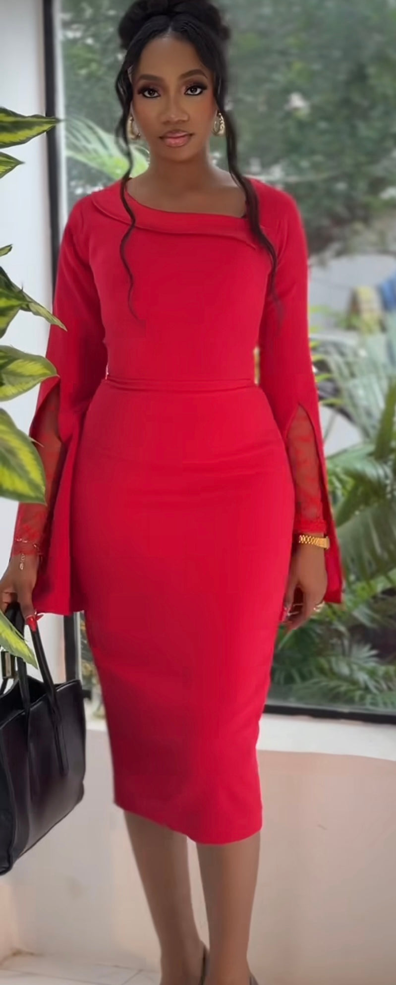 Midi Asymmetric Double Sleeve Collar Dress