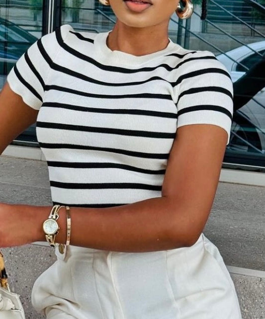 Striped knitted shoulder T-shirt short sleeve