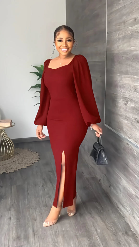 Womens Solid Color Long Lantern Sleeved U Neck Dress Low Slit Slim Part Dresses