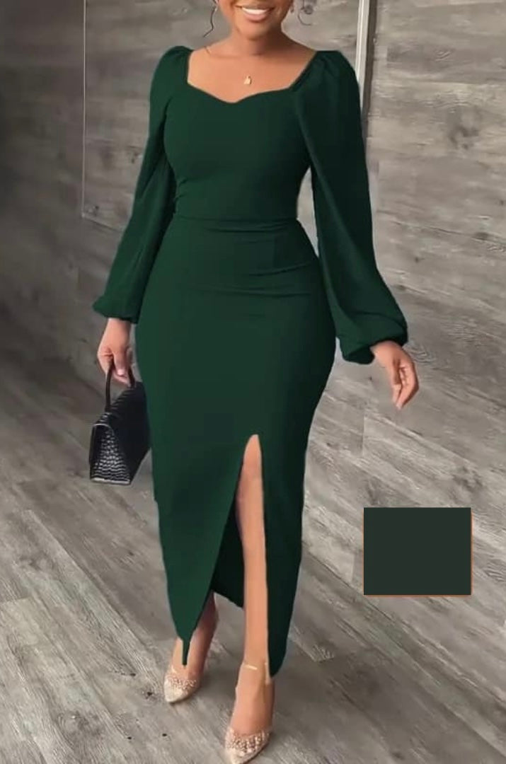 Womens Solid Color Long Lantern Sleeved U Neck Dress Low Slit Slim Part Dresses